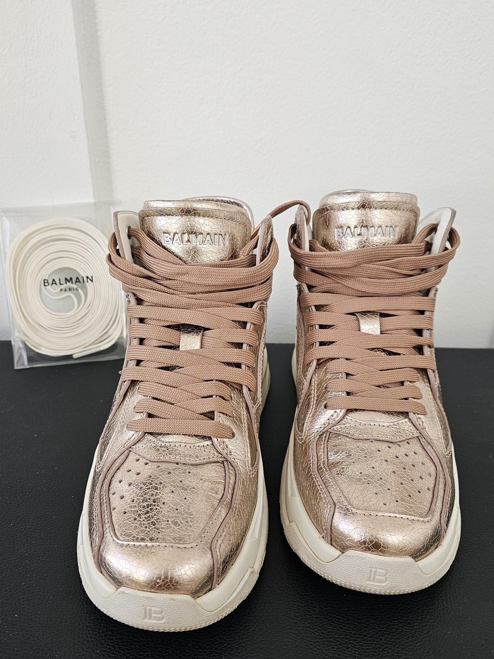 Balmain Women’s Metallic Rose Gold High-Top Sneakers